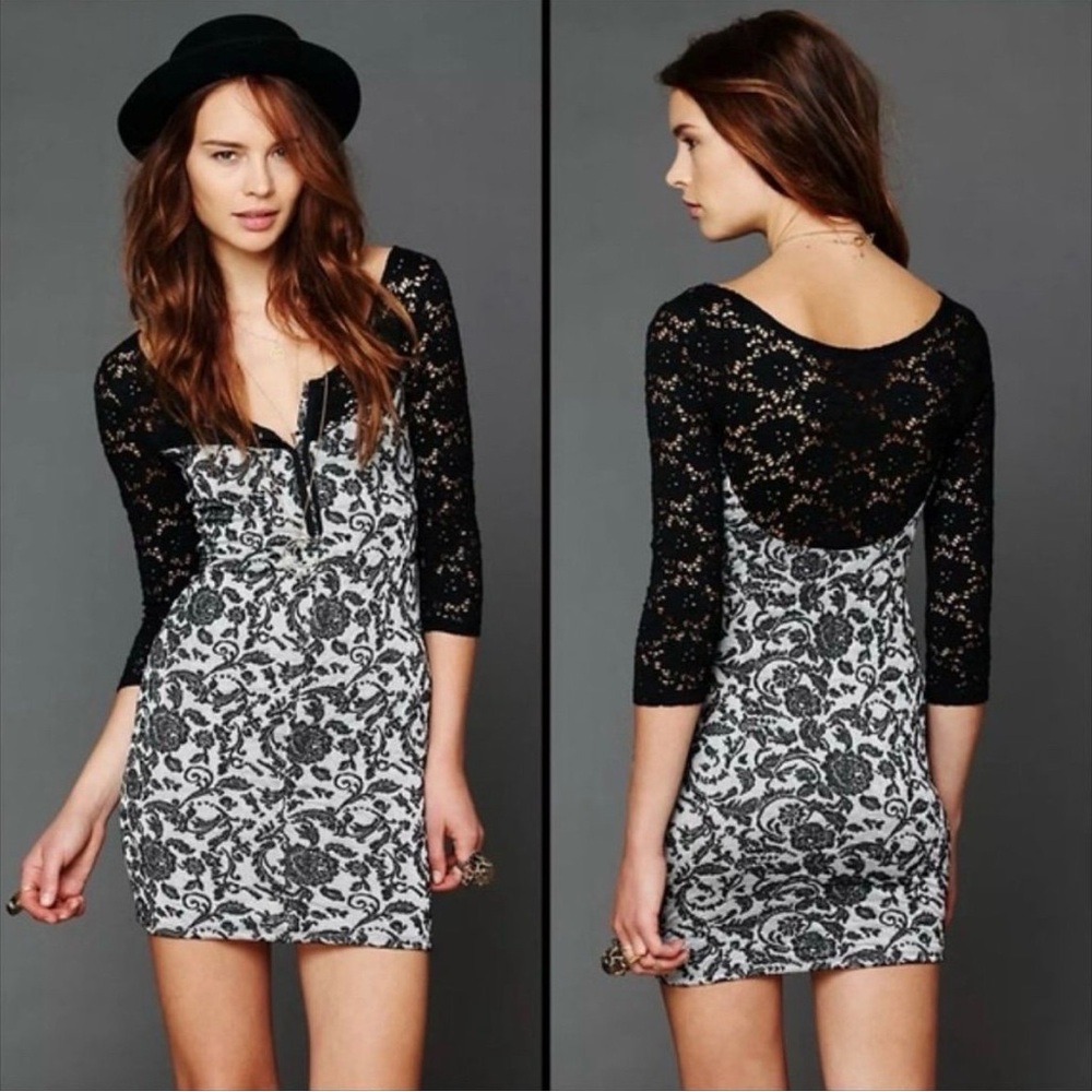 Free People Love You To Pieces Black/White Lace Floral Mini Dress Size Medium